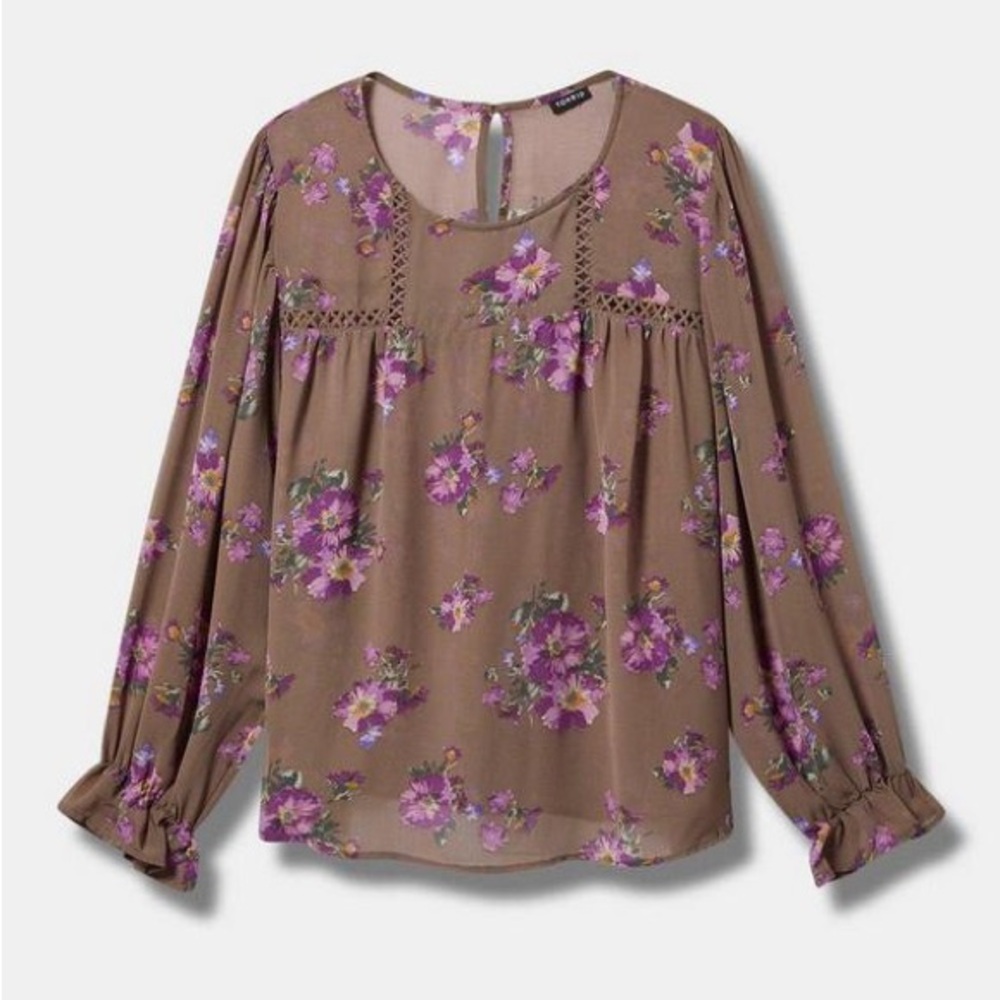 torrid Mauve Brown with Purple Floral Lace Inset Ruffle Sleeve Chiffon Top NWT